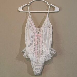 Vintage Lace Trim White & Pink Satin Teddy Bodysuit